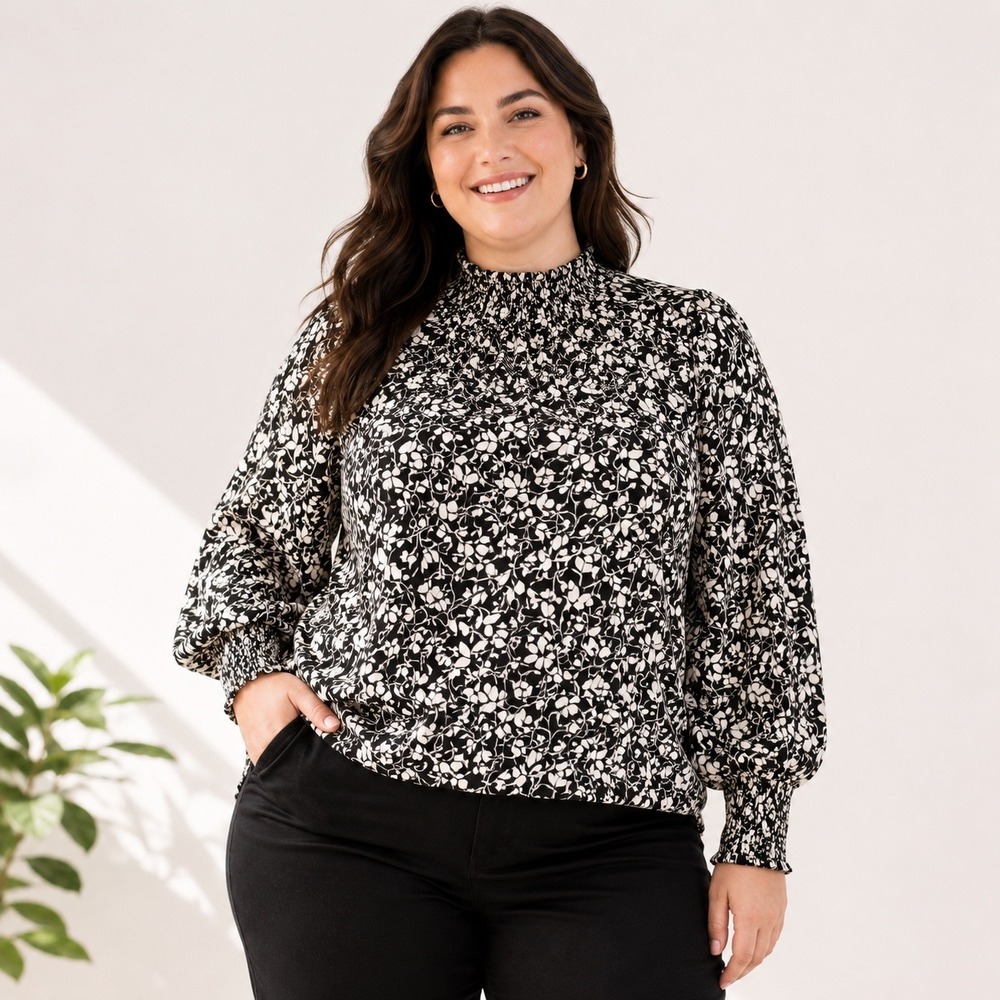 LOFT‎ Womens XL Black White Floral Smocked Mock Neck Long Sleeve Blouse